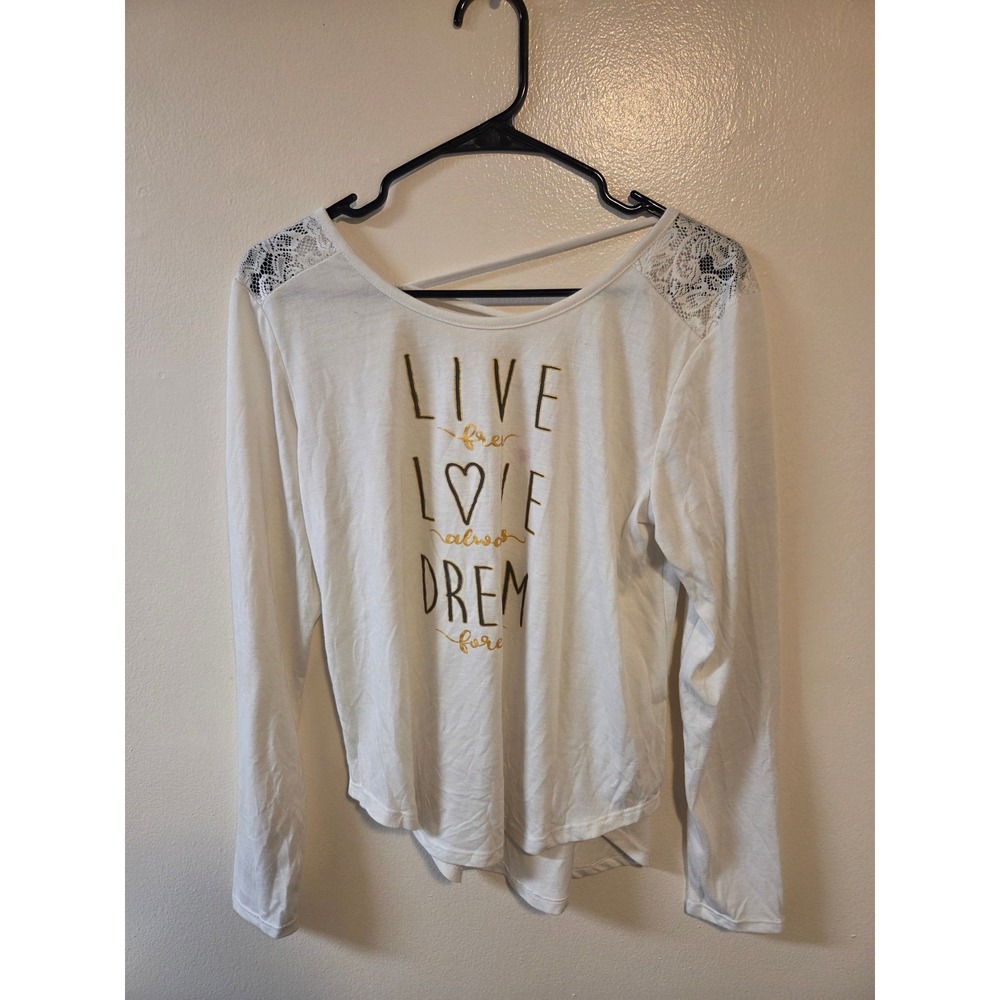 White Graphic Long Sleeve Lace Shoulder Strappy Back Top Large 11-13